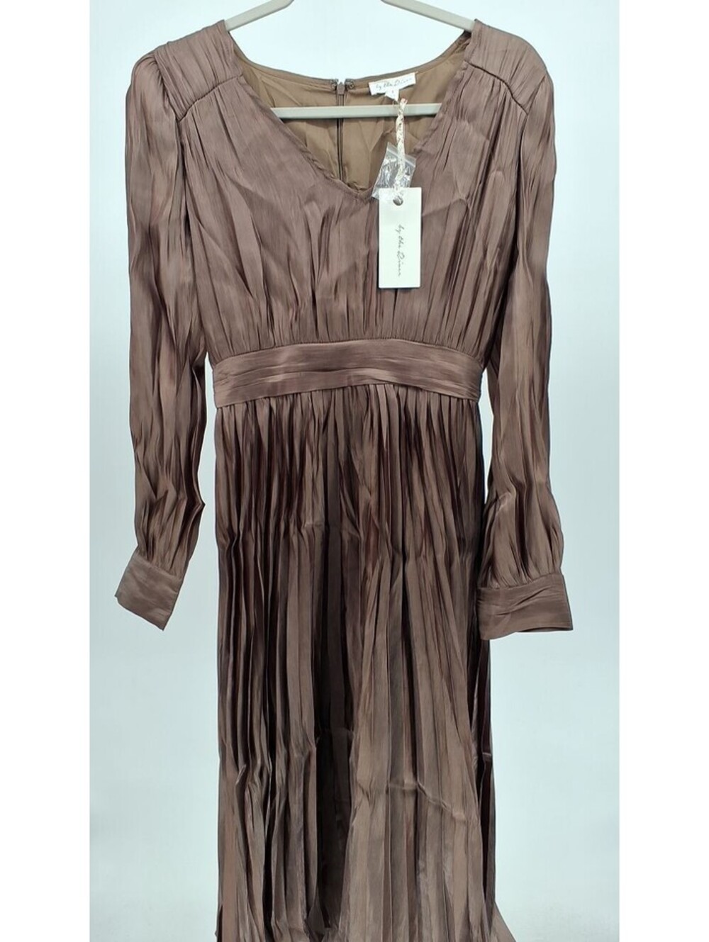 Satin Pleated Shirred Midi Dress In Mocha-Small